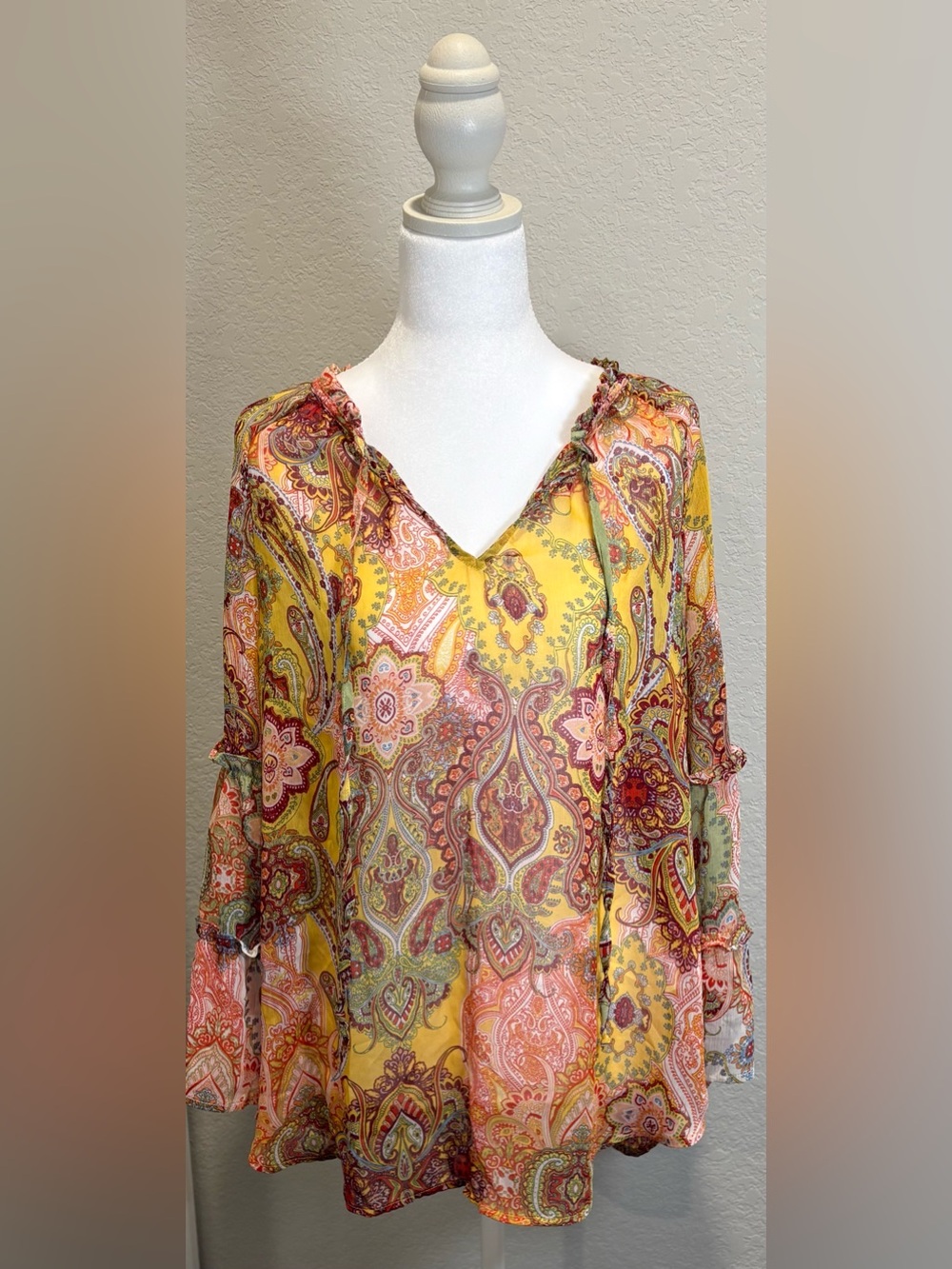 Anthropologie Fig & Flower Sheer Paisley Bell Sleeve Top L